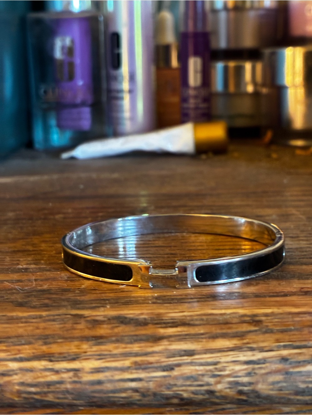 Silver Toned Black Enamel Hinge Bangle Bracelet